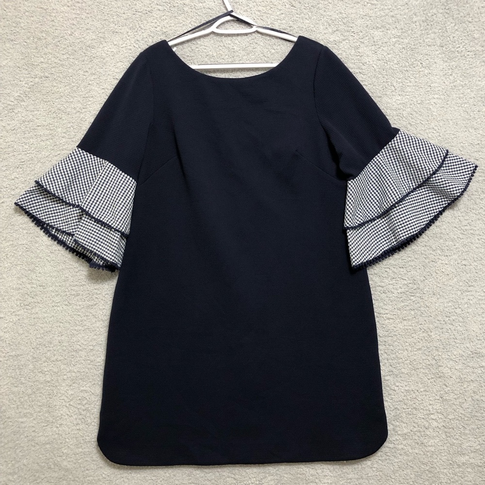 Jessica Howard Navy Blue Sheath Dress Tiered 3/4-bell-sleeves Gingham Size‎ 18